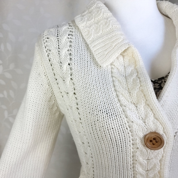 Vintage Cable Knit Belted Collared Button Front Long Cardigan Dayne Taylor Cream - Picture 4 of 15